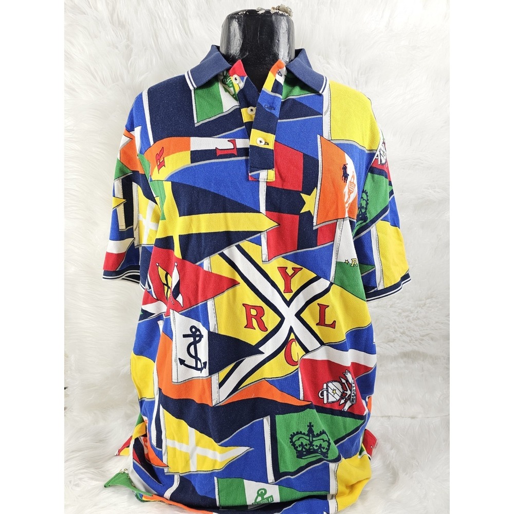 Mens Polo Ralph Lauren Player Logo Flag Print Pique Polo Custom Classic Fit L